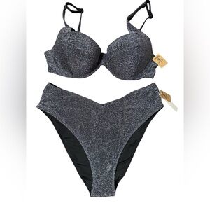 Victorias Secret Swim Black Shimmer Push Up Padded Bikini Top & Bottom Set Large